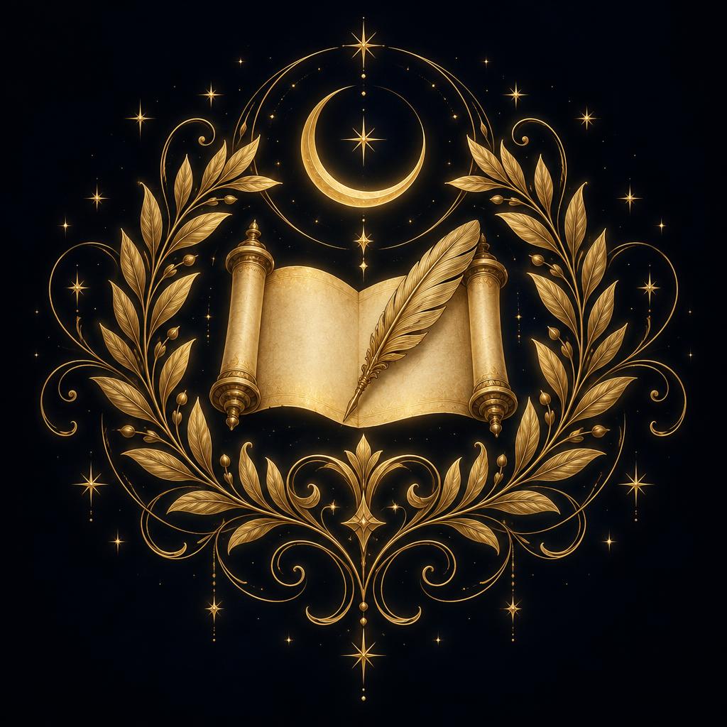 Golden laurel, scroll and quill emblem beneath a crescent moon