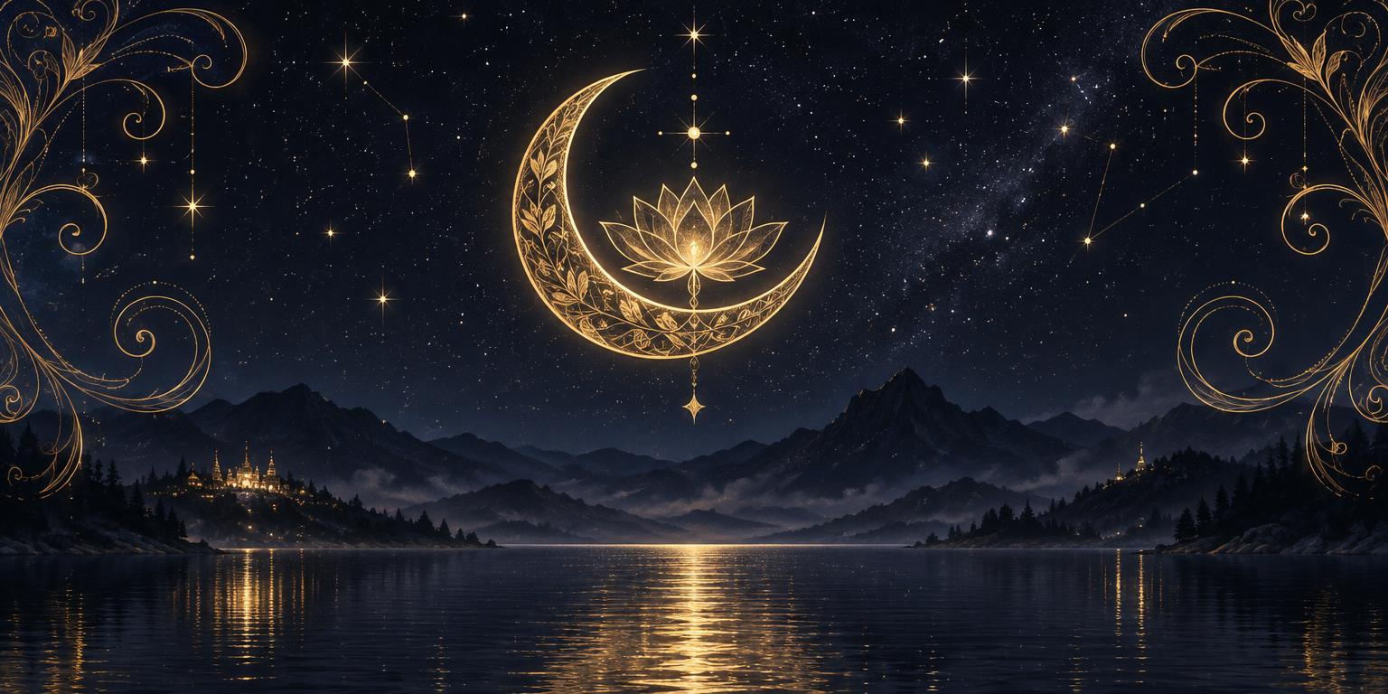 A golden crescent moon cradling a lotus above a starlit lake
